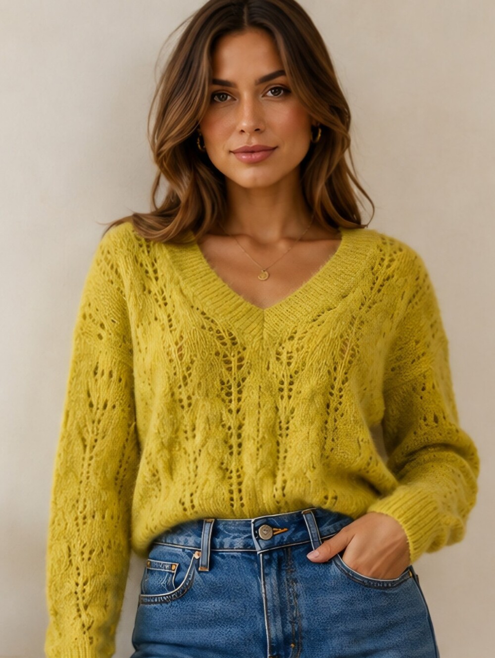 Nation LTD Baby Alpaca Wool Open Knit V-Neck Sweater XS Chartreuse